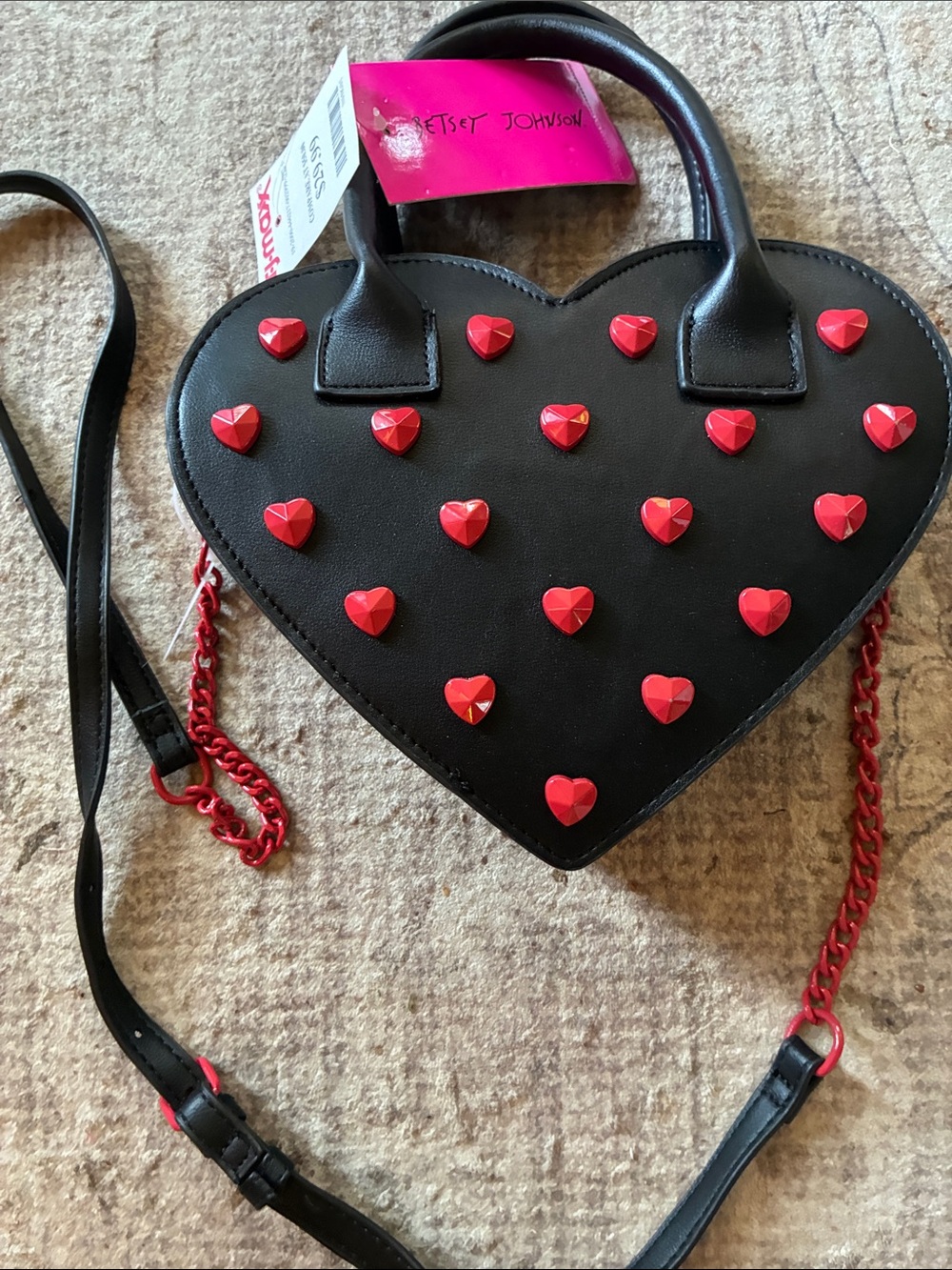 Betsey Johnson Black Heart Crossbody with Red Heart Studs and Red Chain NWT